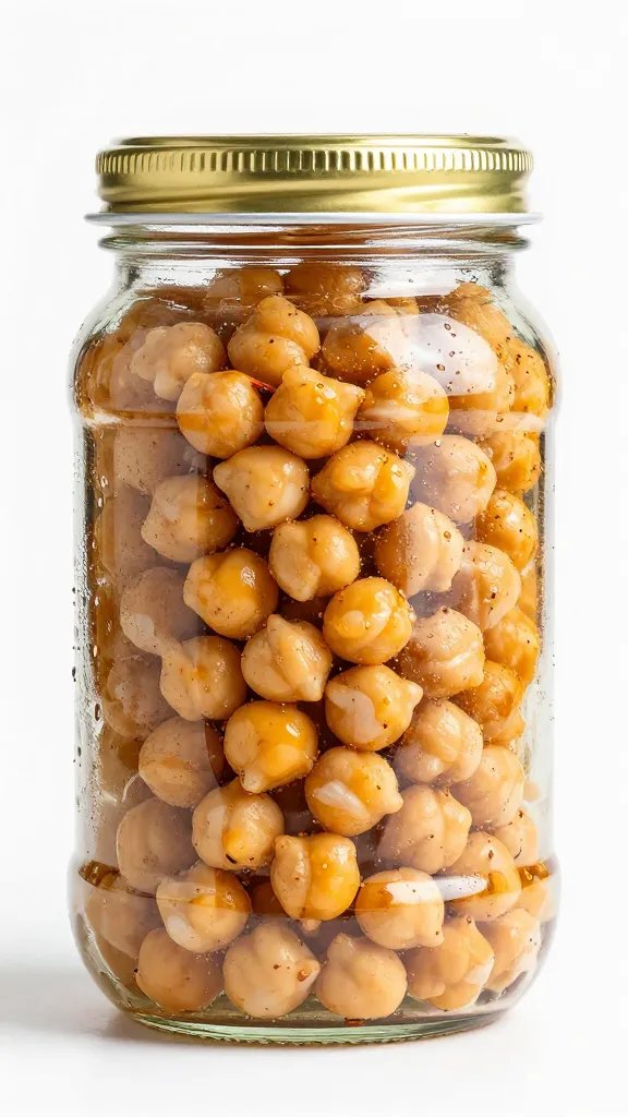 glass jar of seasoned chickpeas, condensation-free, studio light