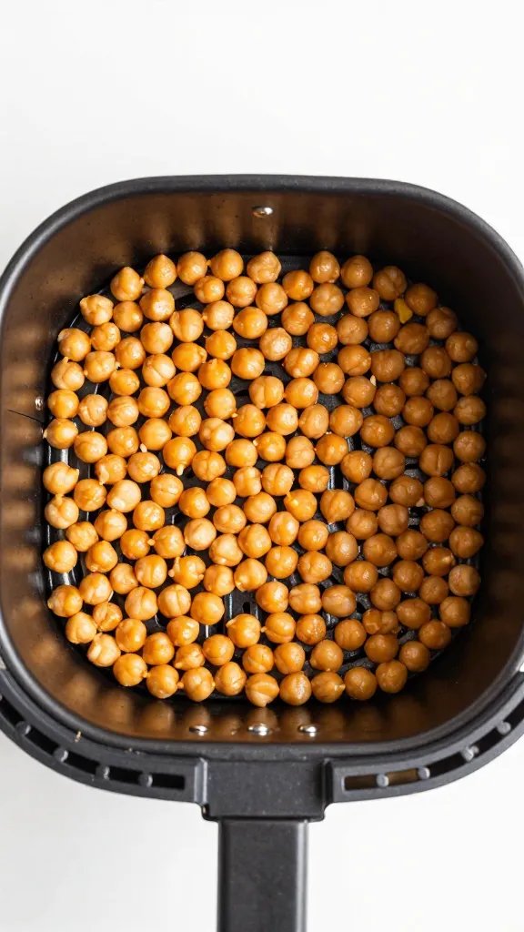 air fryer basket with single layer golden chickpeas, top-down