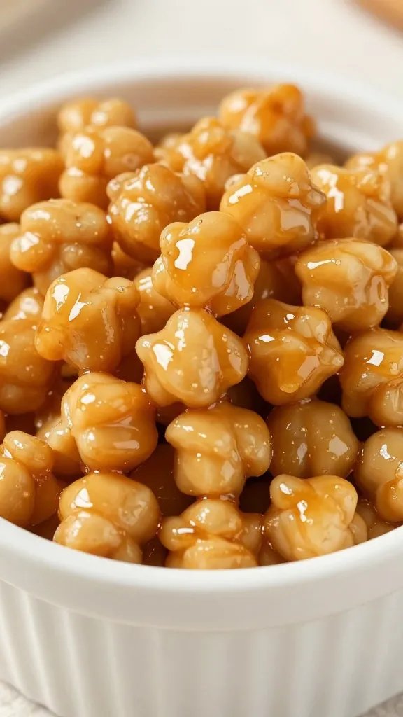 closeup ramekin of honey-glazed chickpeas, glossy finish