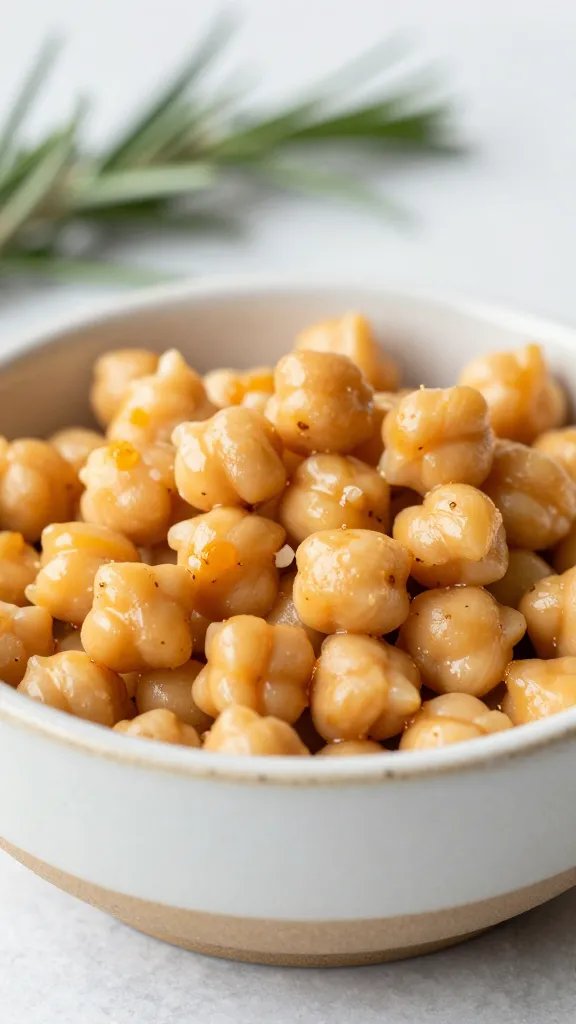 ceramic bowl of rosemary-garlic chickpeas, shallow depth of field