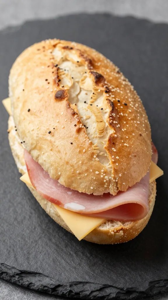 closeup of a single ham and cheese pinwheel on slate