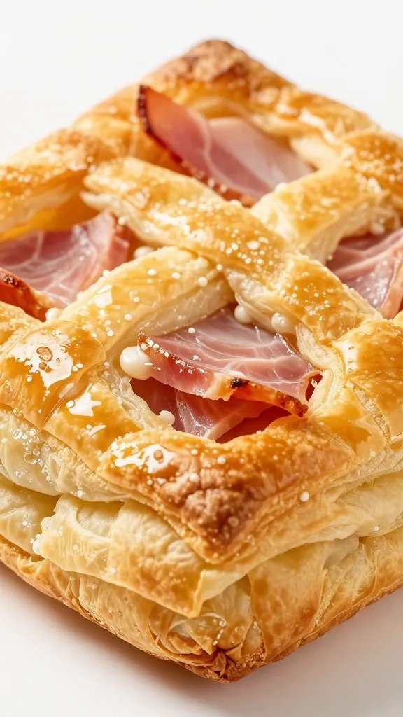 golden puff pastry pinwheel with visible ham ribbons, macro