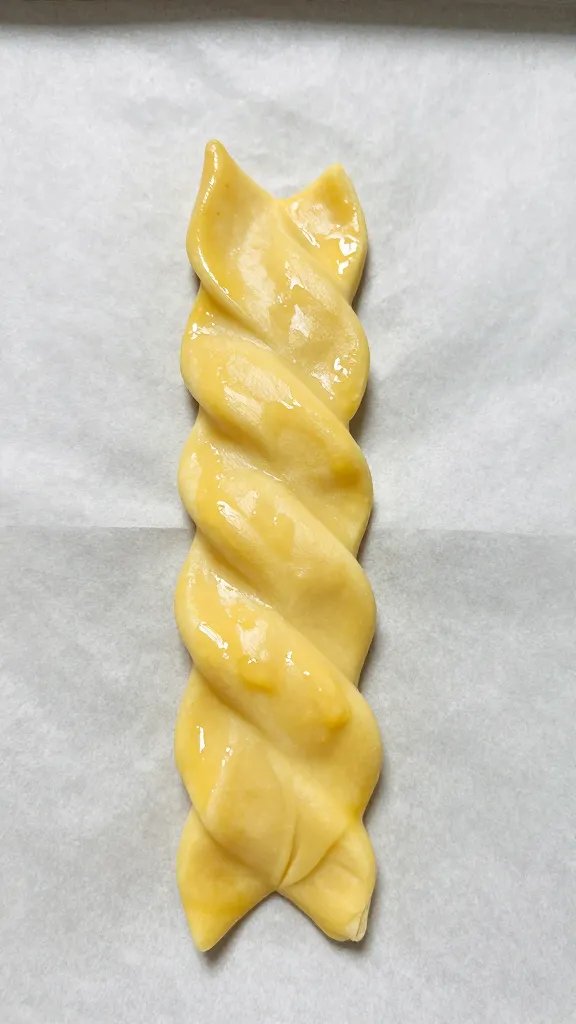 single uncooked pinwheel on parchment, egg wash glistening