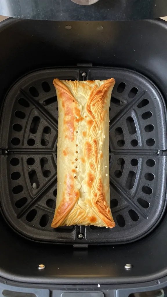air fryer basket holding one pinwheel, top-down closeup