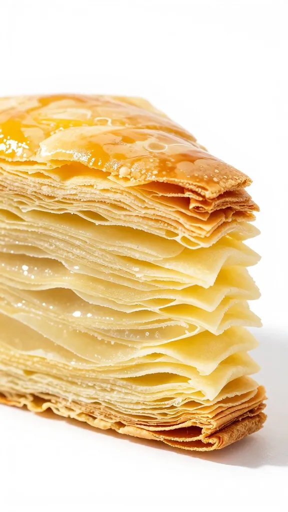 flaky pastry layers of one pinwheel, side profile macro