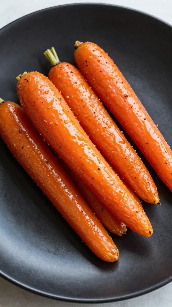 closeup of maple glazed carrots on matte black plate