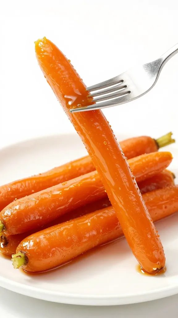 fork holding caramelized maple carrot over white plate