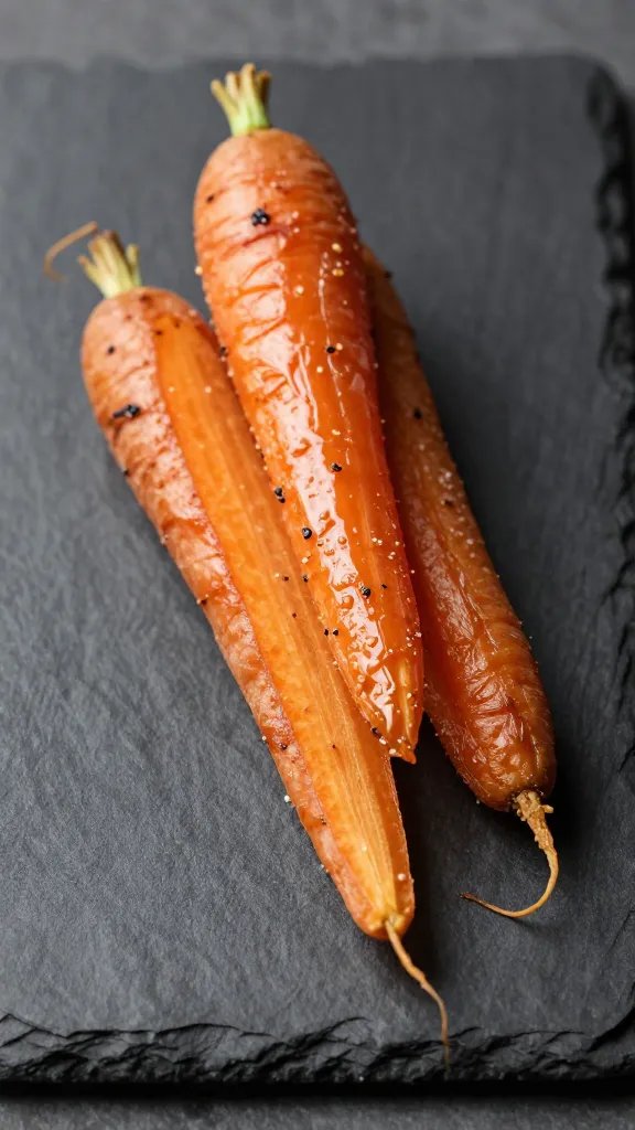 maple-dripping roasted carrot on slate serving board