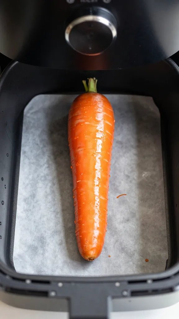 air fryer drawer with one glazed carrot centered