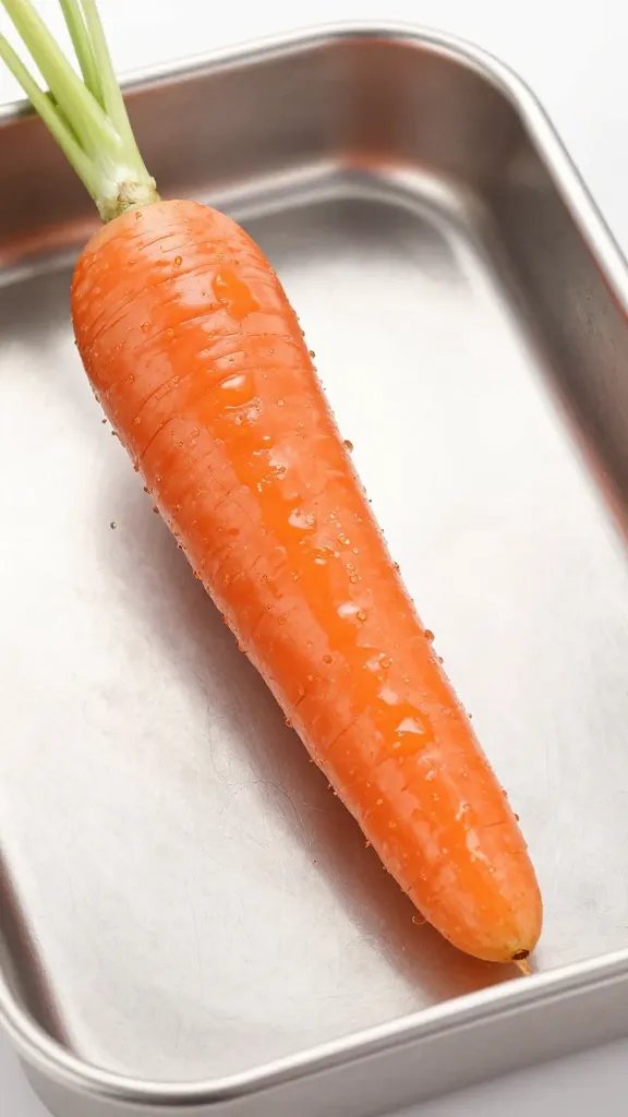 tongs gripping a glazed carrot above stainless tray