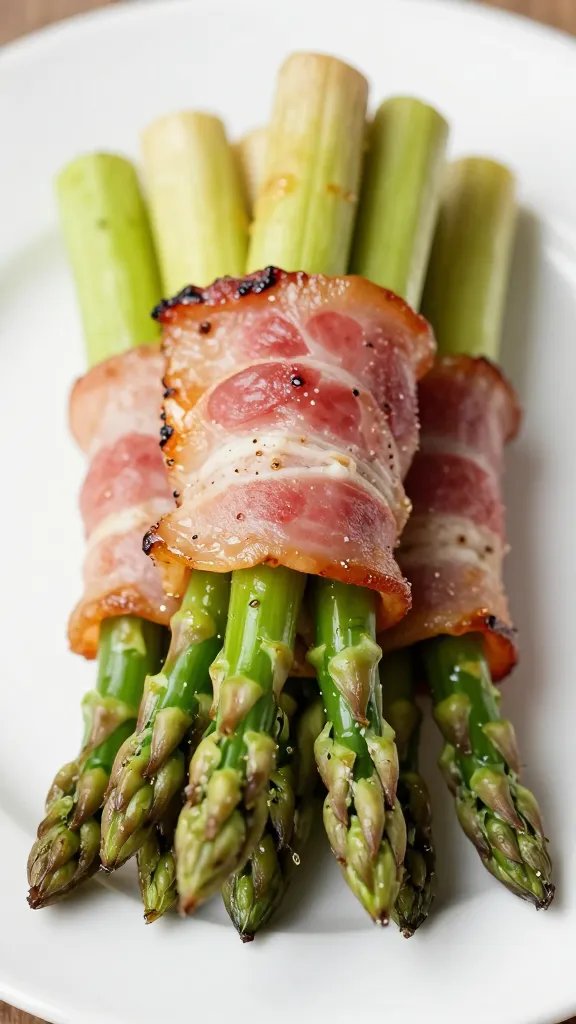 closeup bacon-wrapped asparagus bundle on white plate