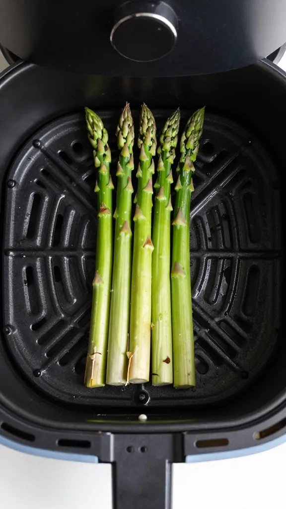 air fryer basket with single asparagus bundle, top view
