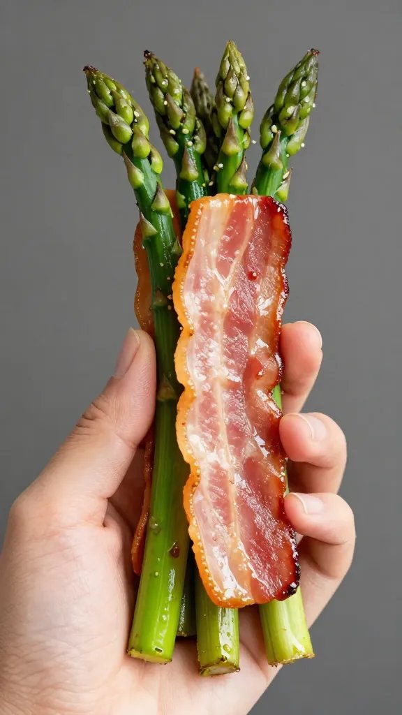 hand holding one bacon asparagus bundle, shallow depth