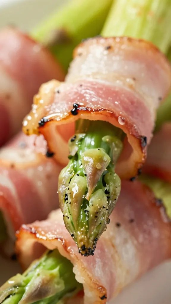 cross-section of bacon-wrapped asparagus tips, extreme closeup