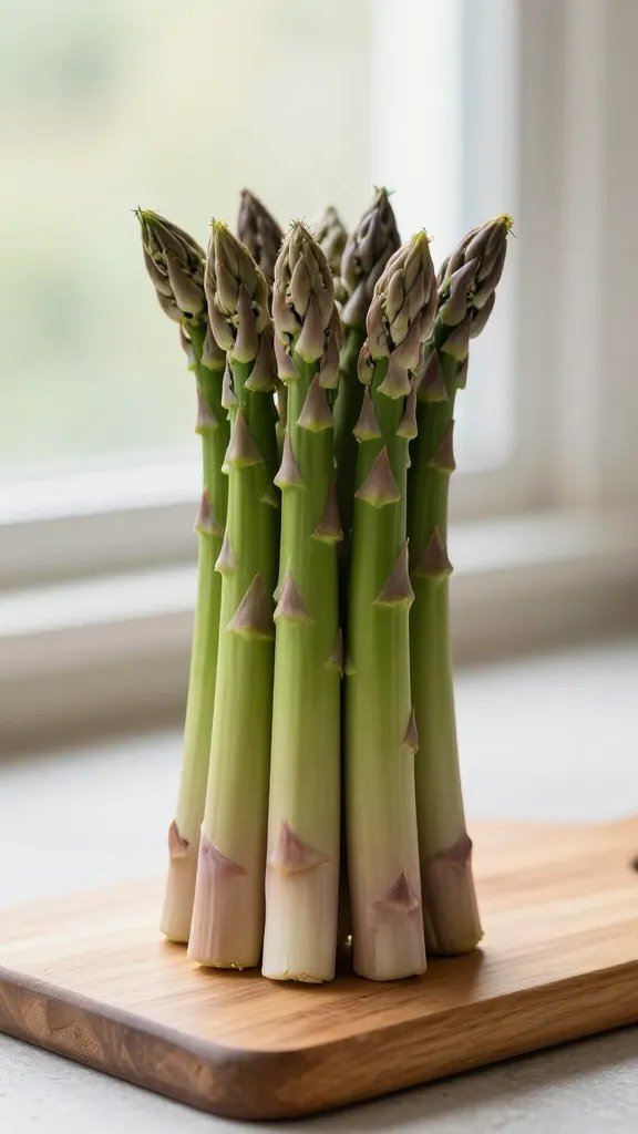 single asparagus bundle on wooden board, natural window light
