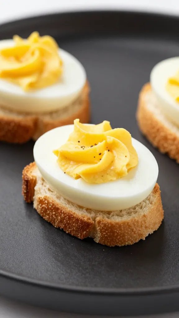closeup deviled egg toast bite on matte black plate