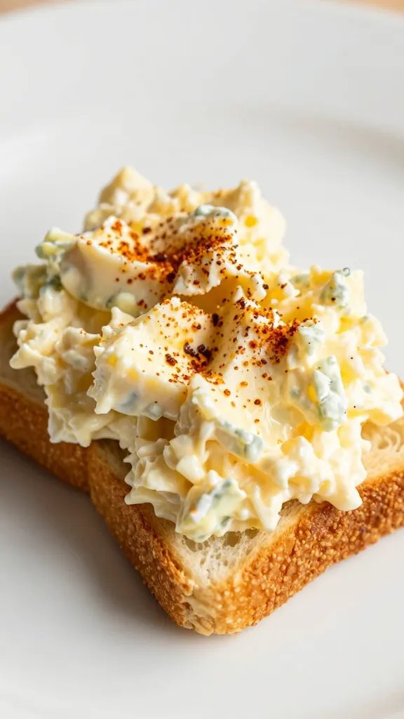 golden toast bite with paprika-dusted egg salad, closeup