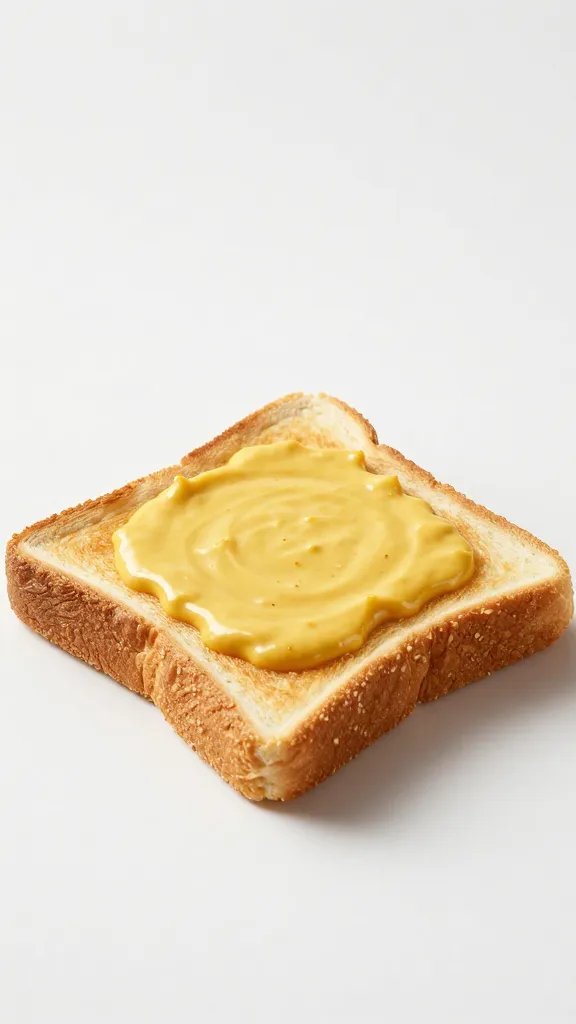 crispy toast square with mustardy egg filling, studio light