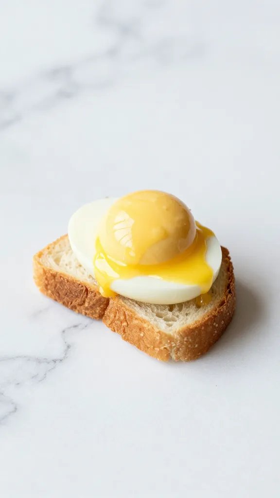 single deviled egg toast bite on marble surface