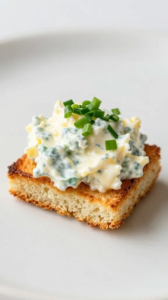 toasted bite topped with chives and egg salad, macro