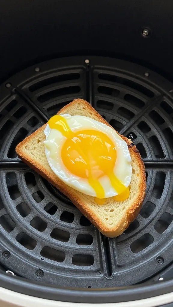 air fryer basket holding one deviled egg toast bite