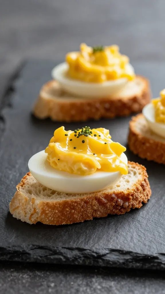 deviled egg toast bite on slate board, side-lit