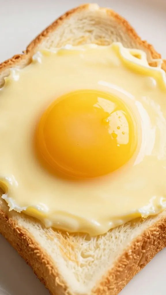 buttery toast square with creamy yolk spread, extreme closeup