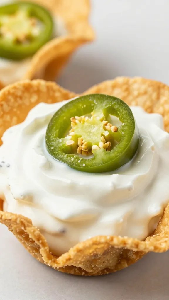 closeup jalapeño popper dip cup in wonton shell