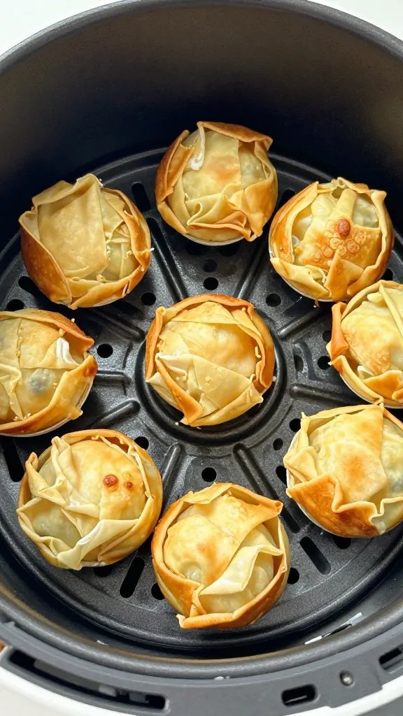 golden-browned wonton cup in air fryer basket