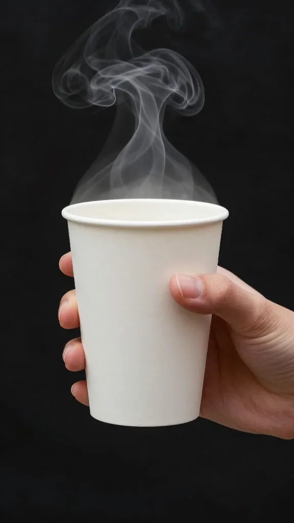 hand holding hot dip cup with steam