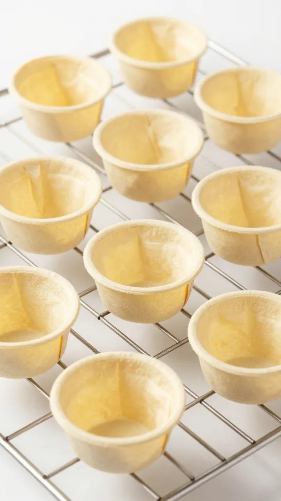 prebaked empty wonton cup on wire rack