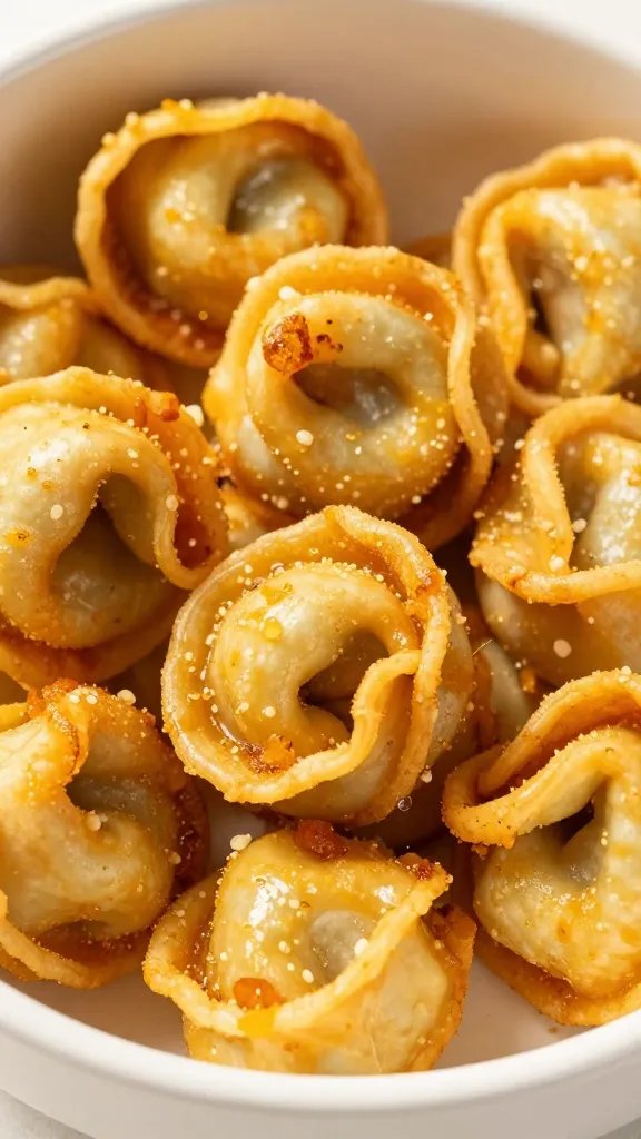 closeup bowl of crispy air-fried cheese tortellini