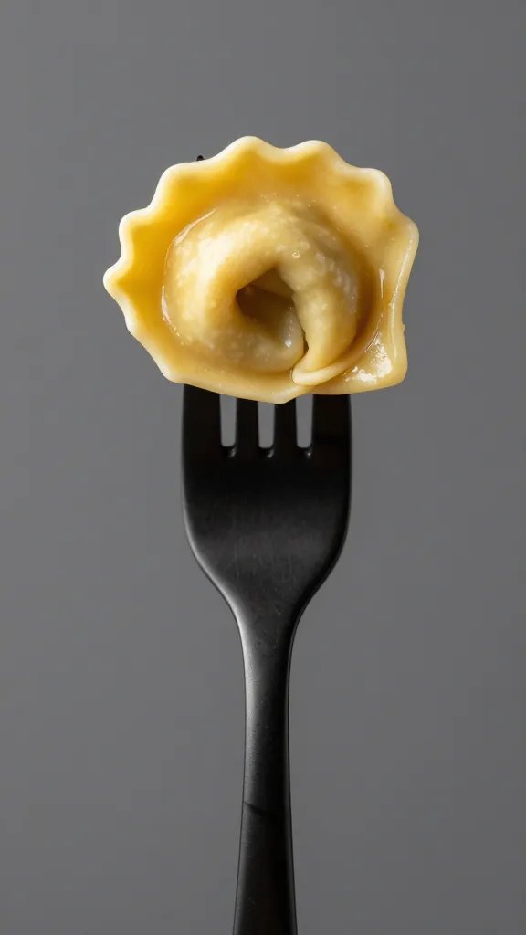 single golden tortellini on matte black fork