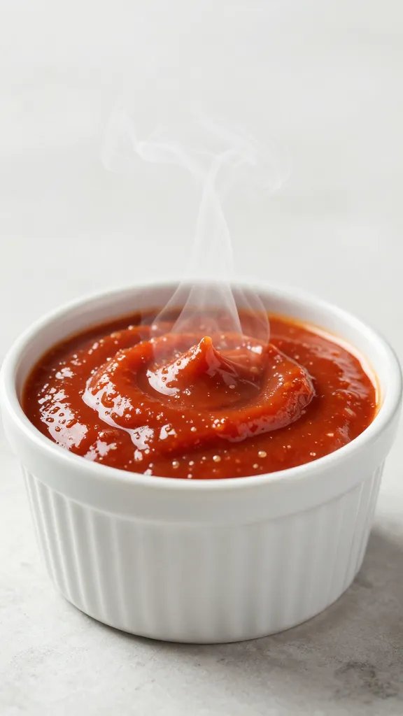 white ramekin of warm marinara dip, steam rising