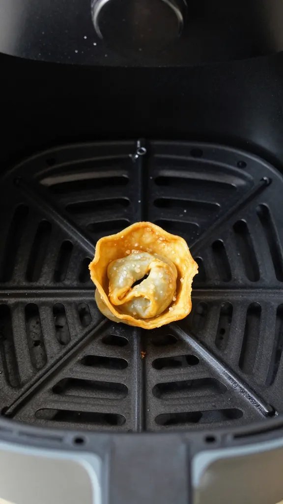 air fryer basket with one crispy tortellini centered