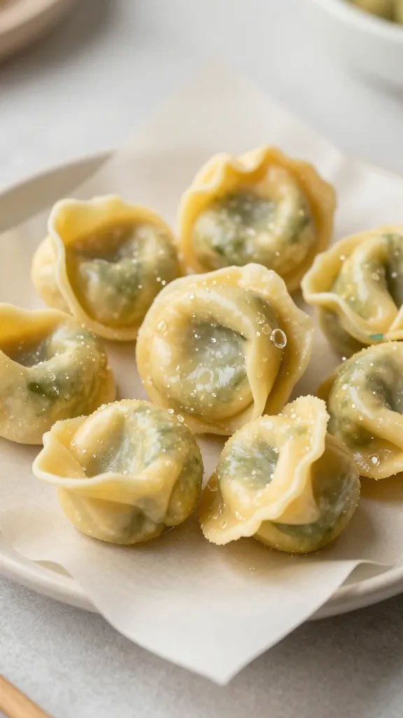 small parchment-lined plate of crispy tortellini