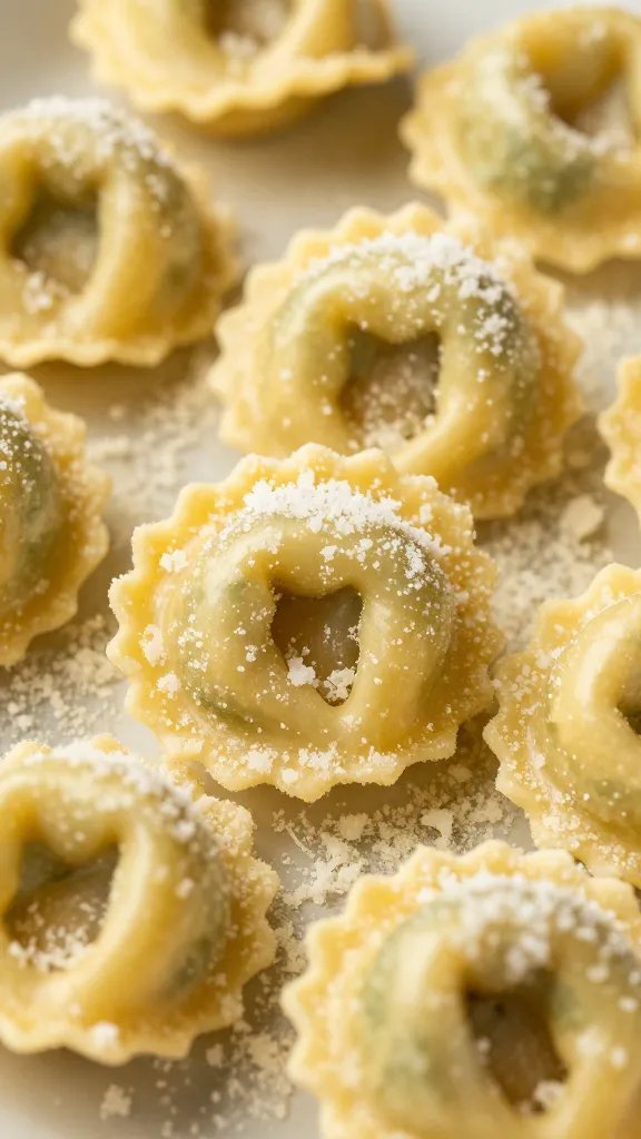 closeup of seasoned tortellini with parmesan dusting