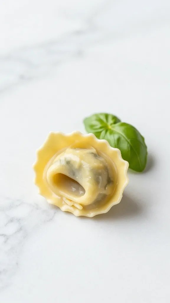 marble countertop with single tortellini and basil leaf