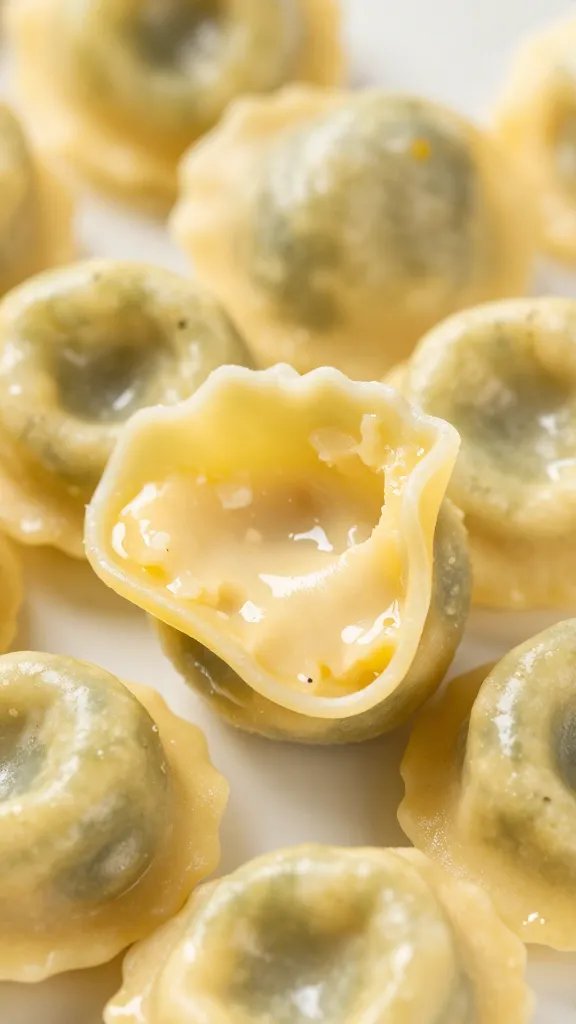 closeup of tortellini interior showing cheesy filling