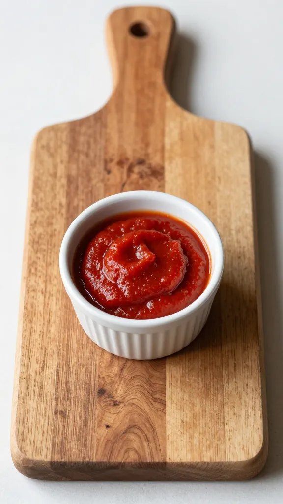 rustic wooden board with single marinara-filled ramekin