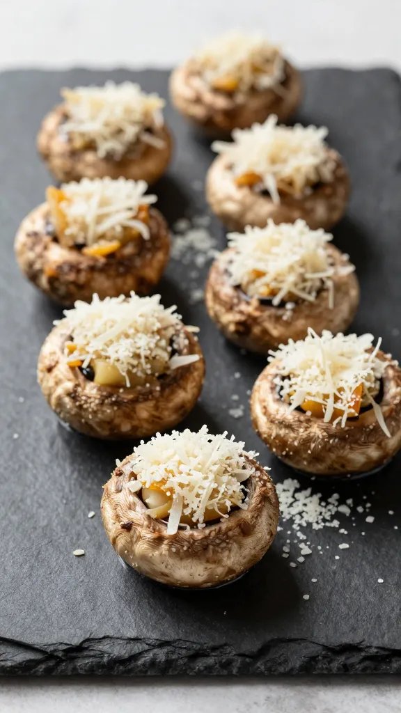 parmesan-crusted stuffed mushroom on slate board