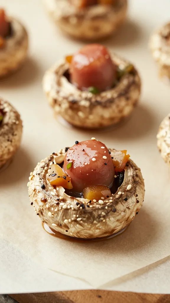 sausage-stuffed mushroom cap on parchment sheet