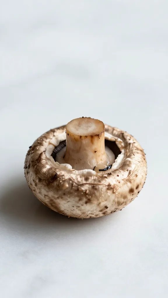 single portobello stuffed mushroom on marble surface