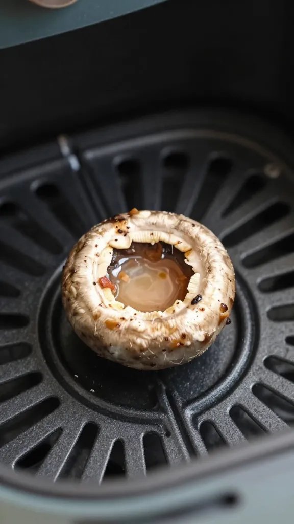 air fryer basket holding one stuffed mushroom, closeup