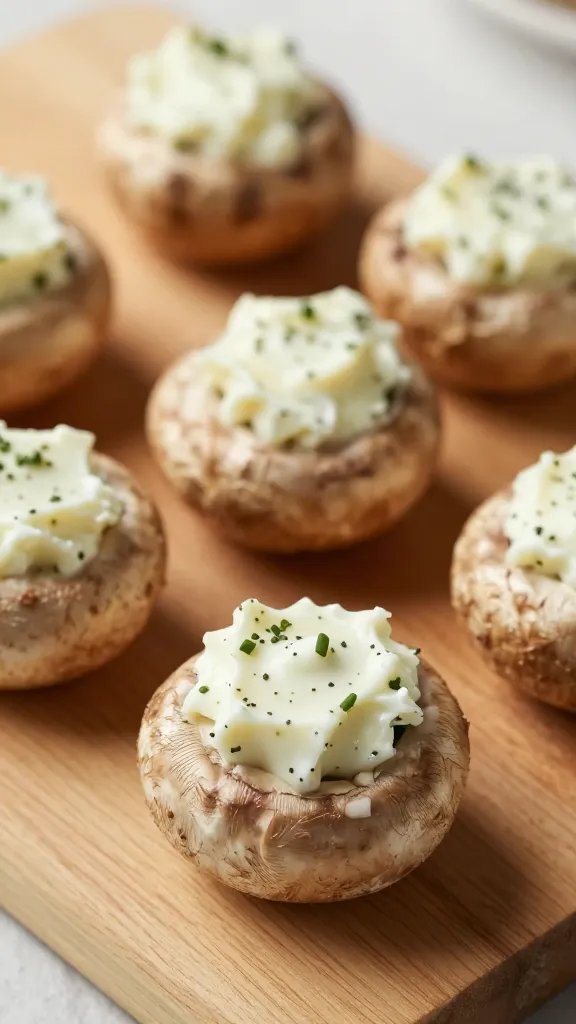herbed cream cheese stuffed mushroom on wooden board