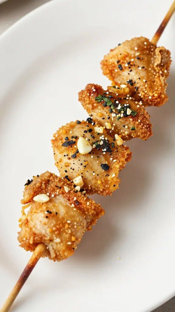 Air-fried garlic herb chicken skewer on white platter closeup