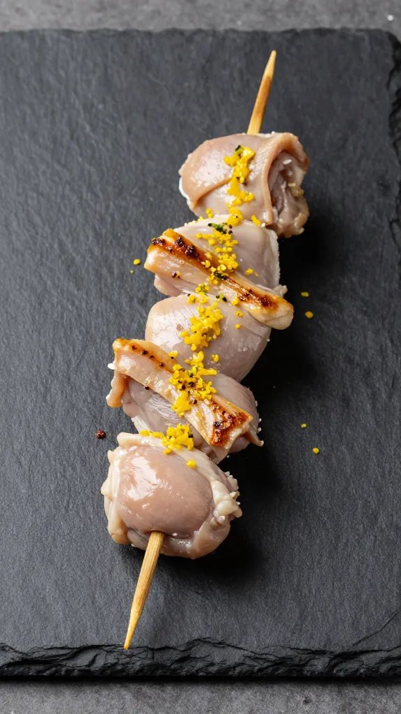 Single chicken skewer with lemon zest on matte slate