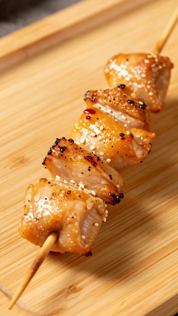 Juicy chicken skewer resting on bamboo board, macro