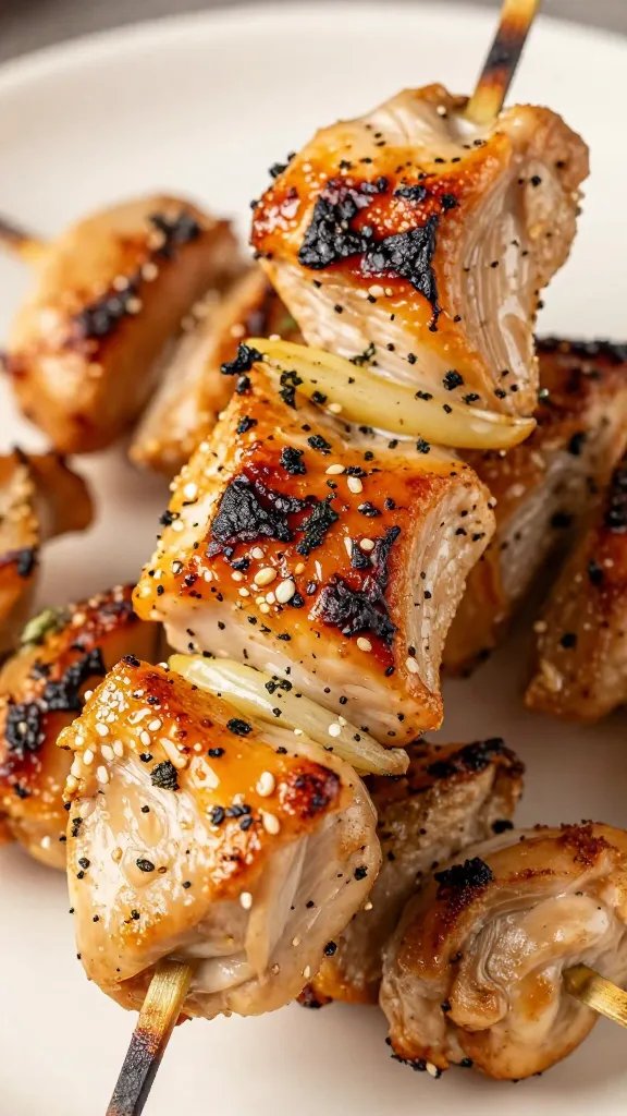 Glazed garlic-herb chicken skewer with visible char, closeup