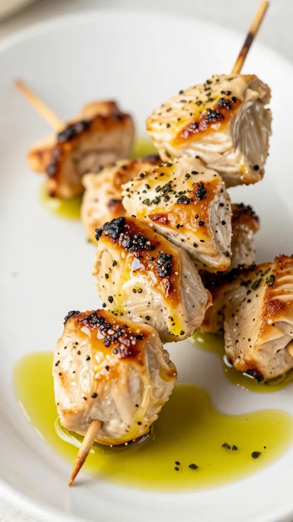 Chicken skewer dipped in herbed olive oil, shallow focus